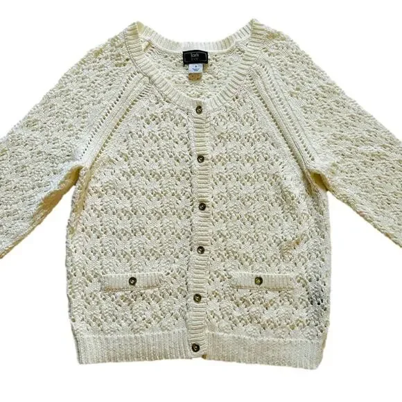 Lark Lane Cardigan Sweater Cream Cotton Crochet 3/4 Sleeve Cardigan Size Small - Picture 4 of 12